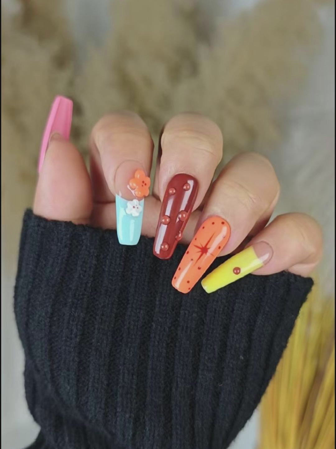 Multicolor Contrast Art Stiletto Press-On Nails – 3D Flowers & Polka Dots