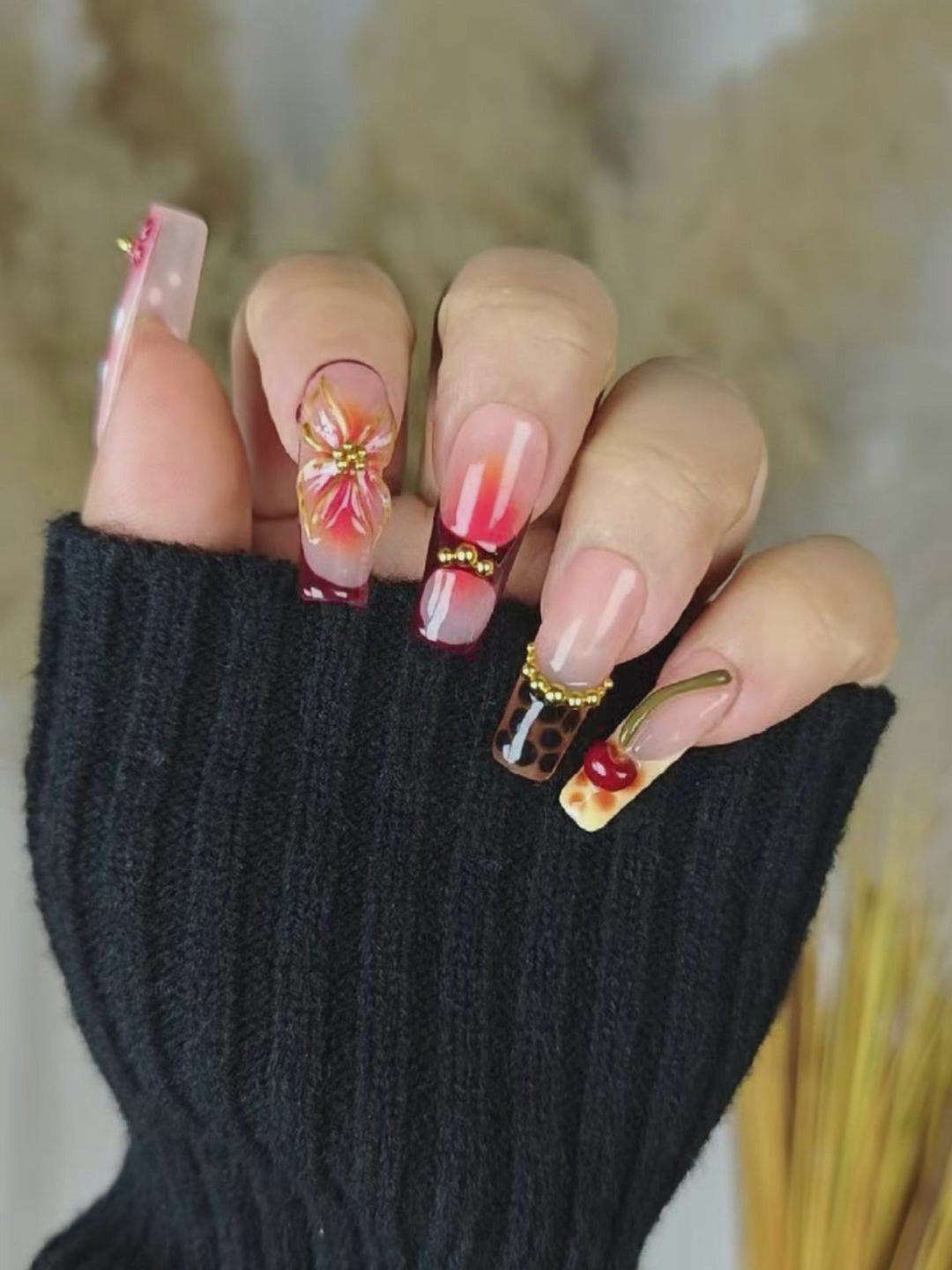 Red & Brown 3D Flower Cherry Press-On Nails – Long Square with Gold Accents