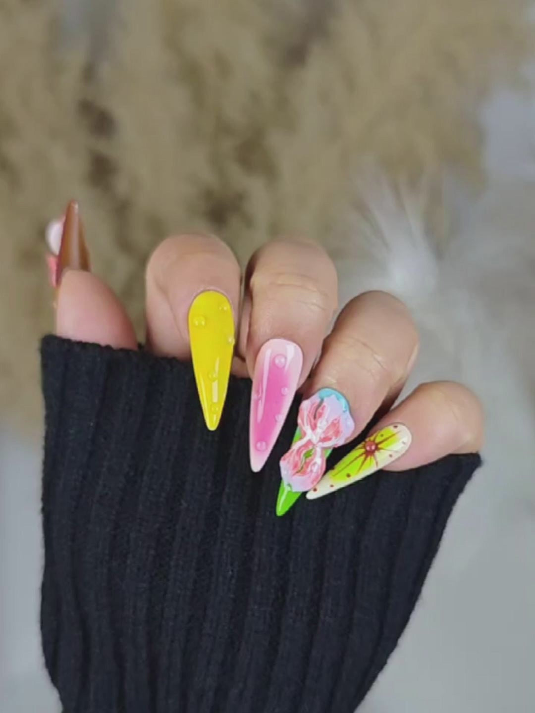 Color-Block Stiletto Press-On Nails with 3D Flowers & Dewdrop Accents