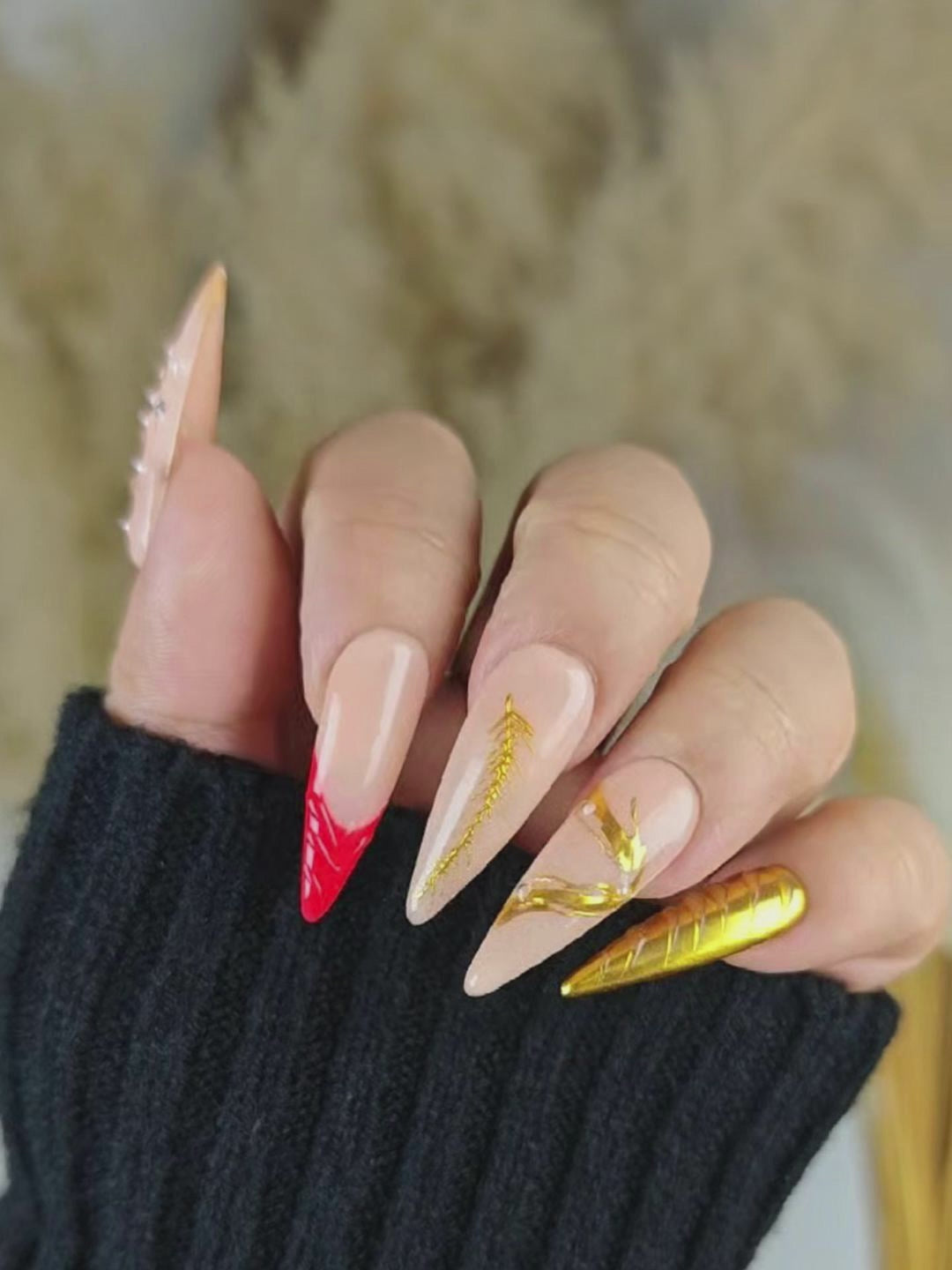 Luxury Nude & Gold Metal Texture Press-On Nails – Stiletto Design