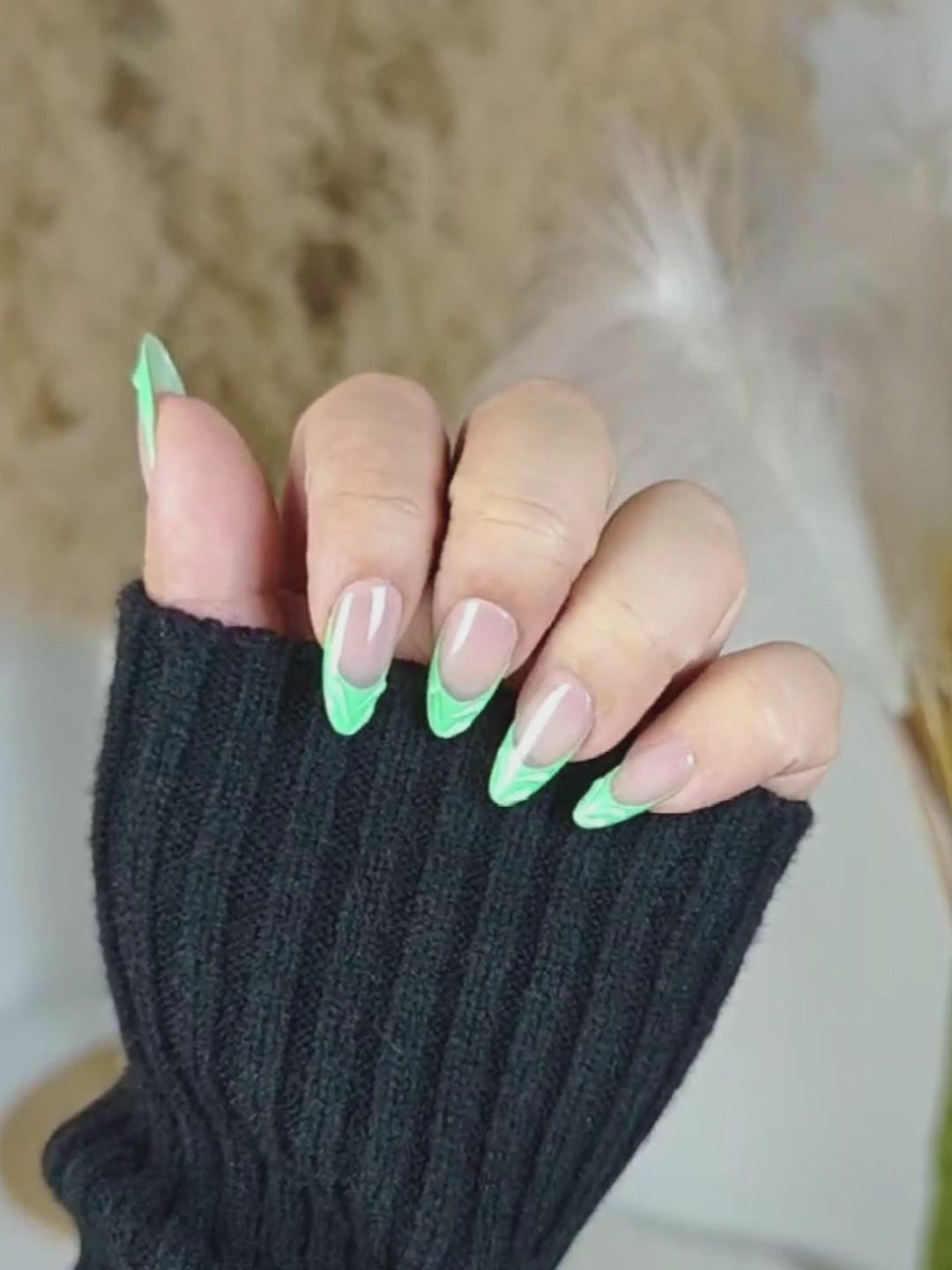 Nude & Green French Almond Press-On Nails – Embossed Design