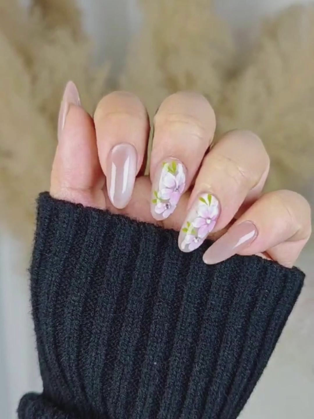 Nude Pink Hand-Painted Floral Press-On Nails with Rhinestones – Medium Round