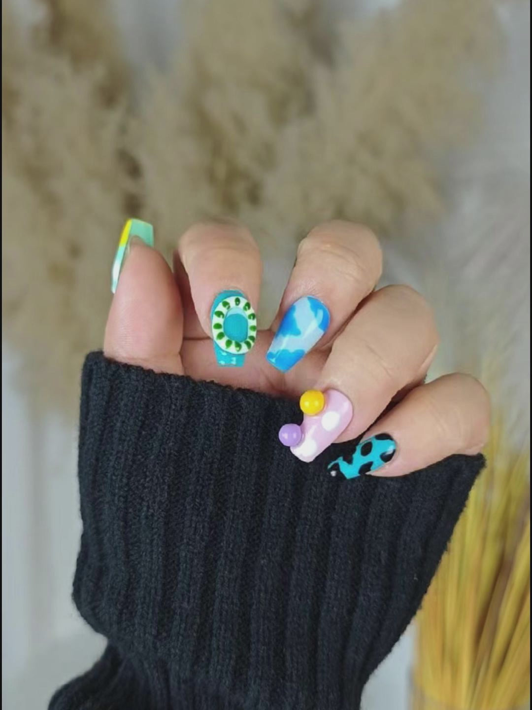 Macaron Color Block Press-On Nails – 3D Decorative Art Style