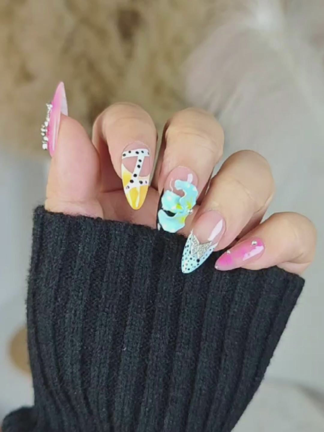 Multicolor Press-On Nails – Metallic Cross & 3D Heart Almond Nails