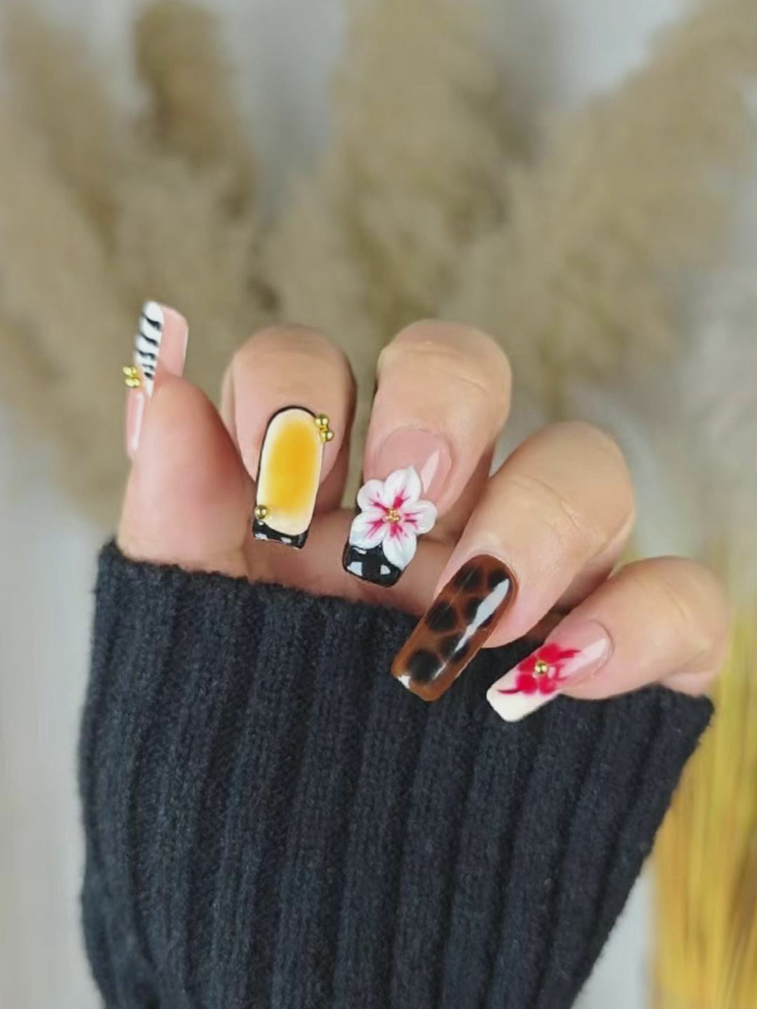 Tiger Print 3D Flower Gold Accent Press-On Nails – Long Square