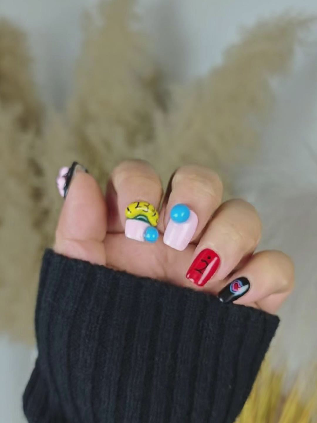 Color-Block Graffiti Press-On Nails with 3D Decorations
