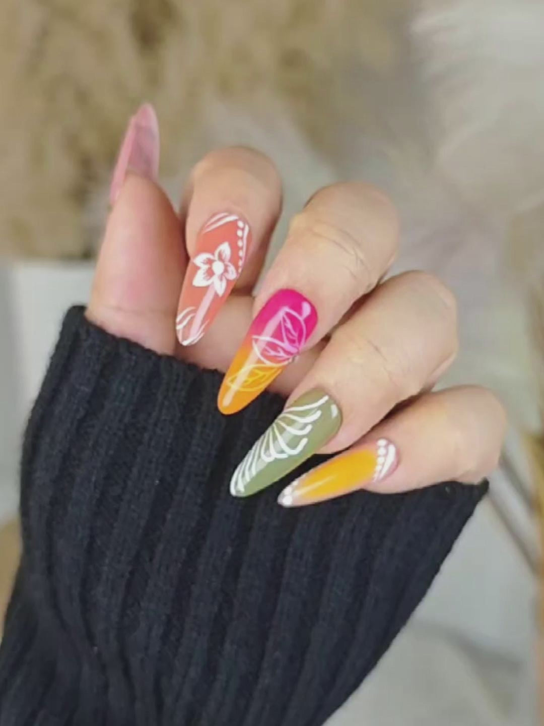 Spring-Summer Colorful Almond Press-On Nails with 3D Floral & Hand-Painted Designs