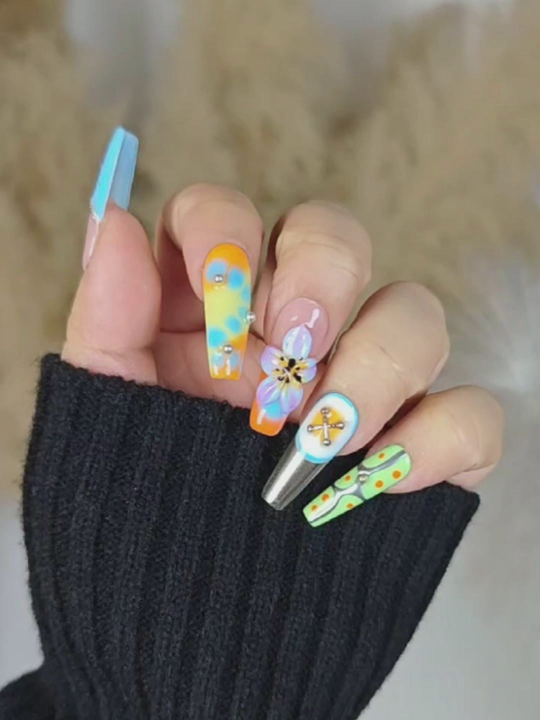 Color-Block Art Press-On Nails – Extra Long Stiletto with 3D Flowers & Metal Chains