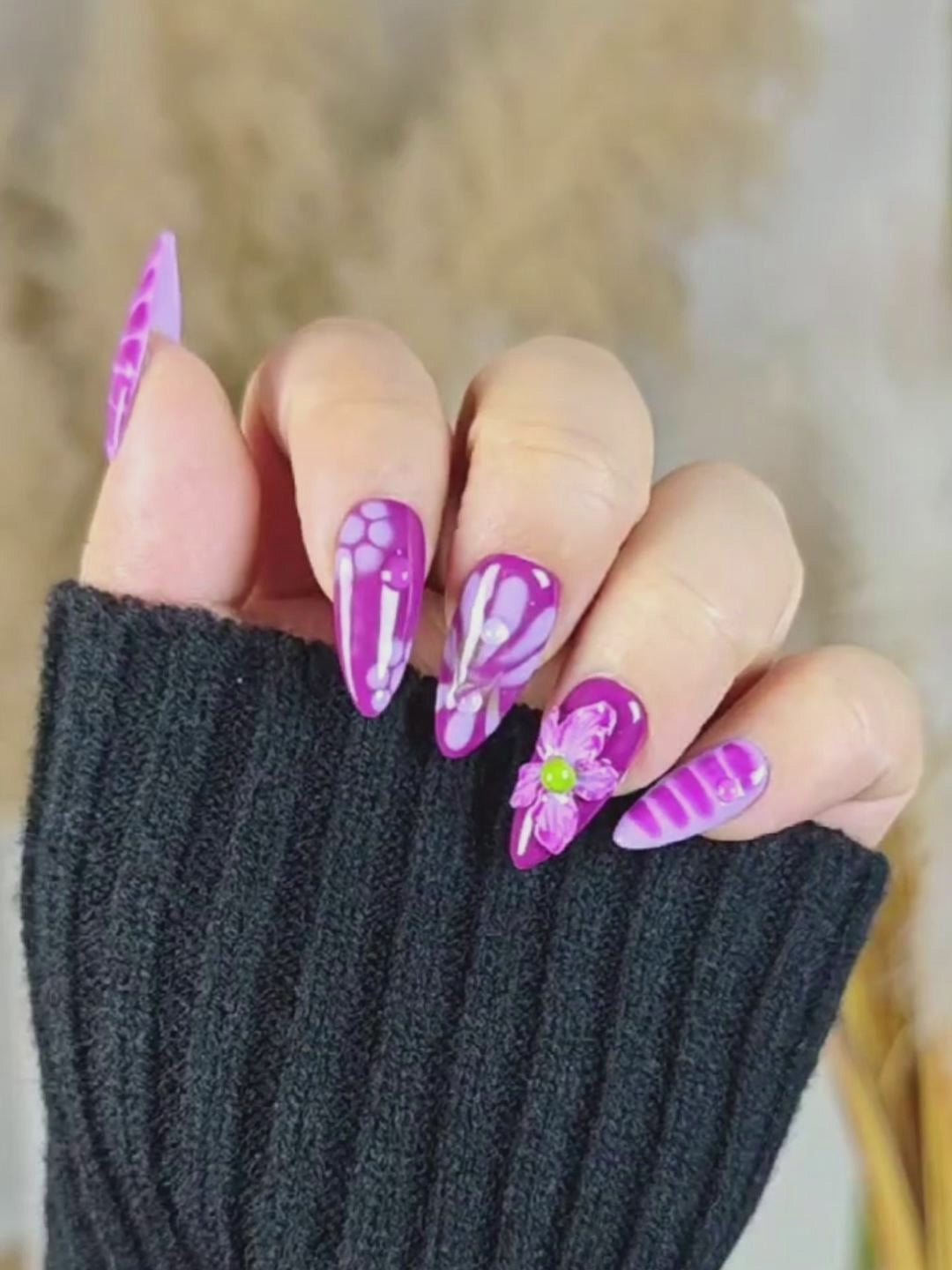 Purple 3D Floral Almond Press-On Nails – Iridescent Luxury Design