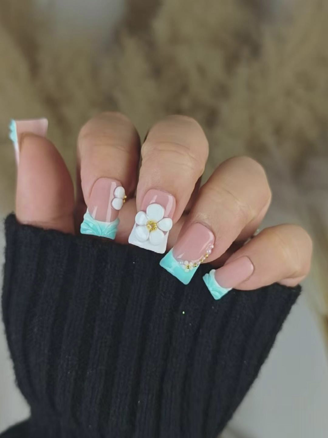 Soft Glam Press On Nails with 3D Flowers & Gold Pearl Chains