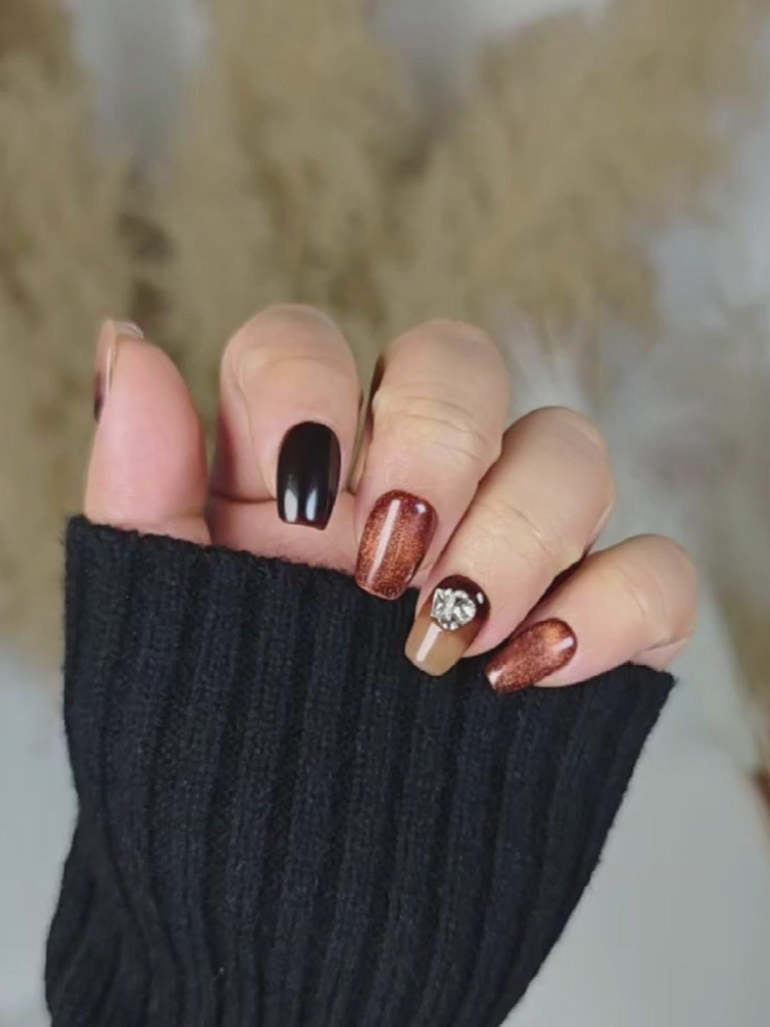 Brown Black Gradient Luxury Trapezoid Press-On Nails with Metal Foils