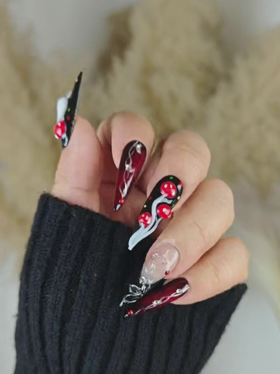 Dark Forest Mushroom 3D Press-On Nails – Black & Deep Red with Natural Accents