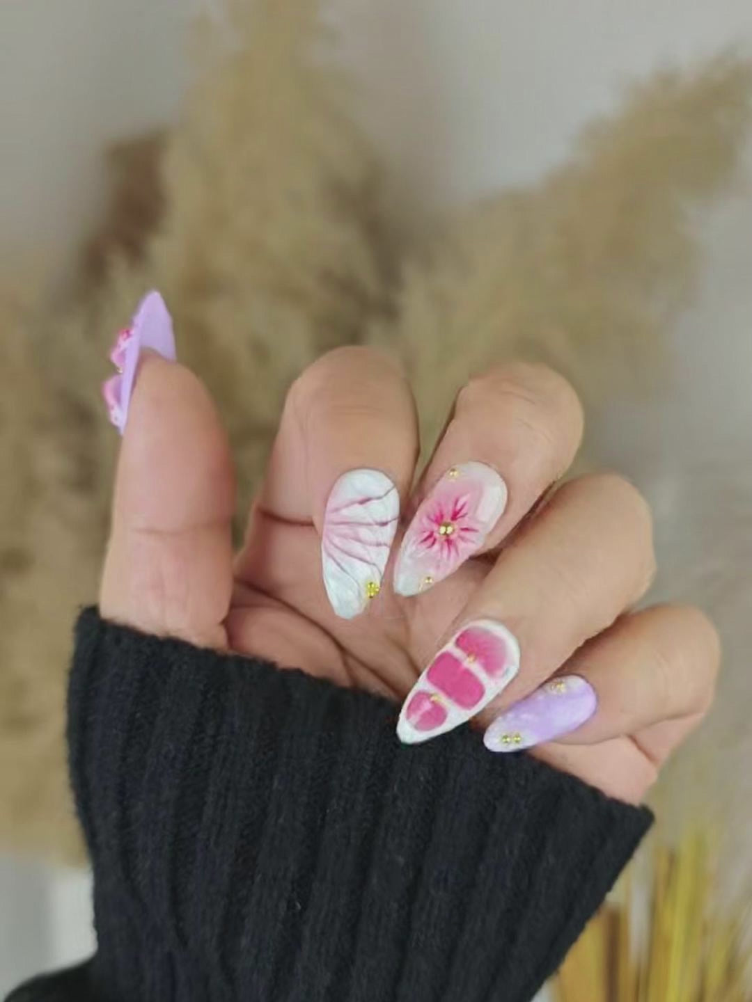 Purple Pink Almond Press-On Nails – 3D Floral & Gold Accents