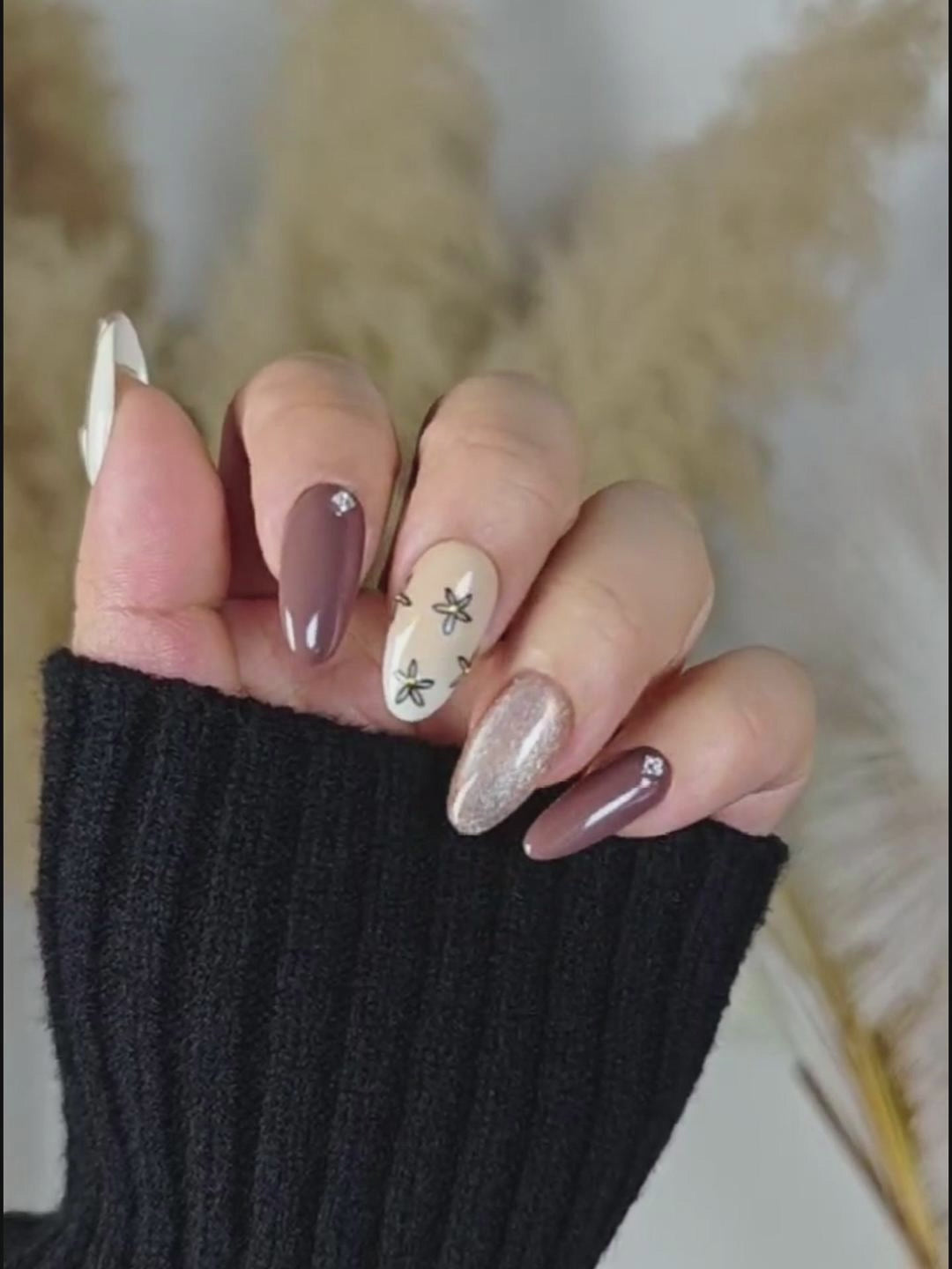 Warm Brown Hand-Painted Floral Press-On Nails – Medium Round