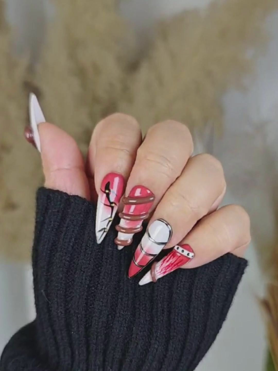 Red Brown Gothic Stiletto Nails with Metal Accents & 3D Thorns
