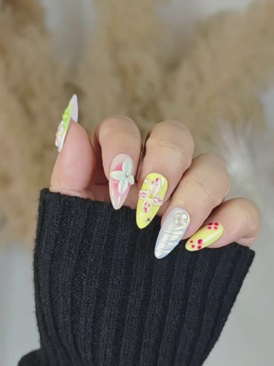 Macaron Color 3D Flower Almond Press-On Nails – Iridescent & Luxurious