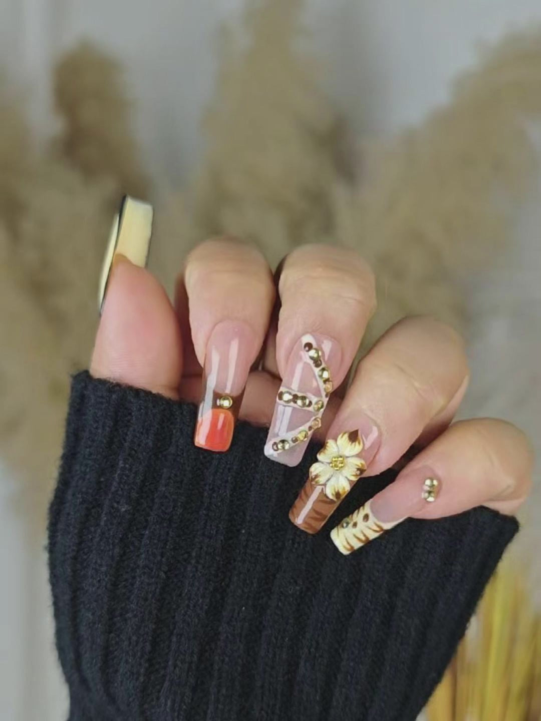 Brown Gold Gradient Luxury Press-On Nails – 3D Floral Design, Long Square Shape