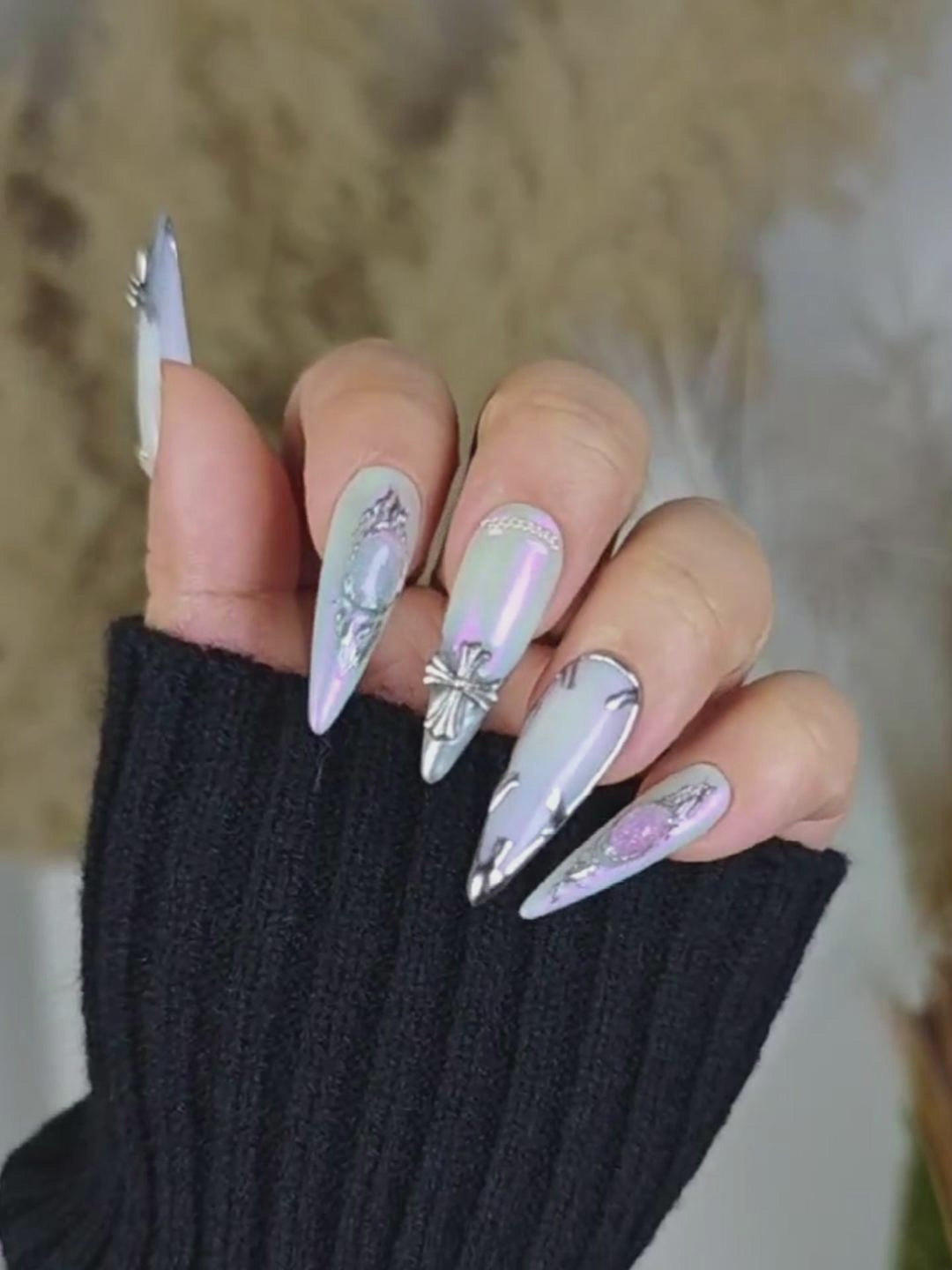 Futuristic Silver & Iridescent Metal Stiletto Press-On Nails with Rhinestones