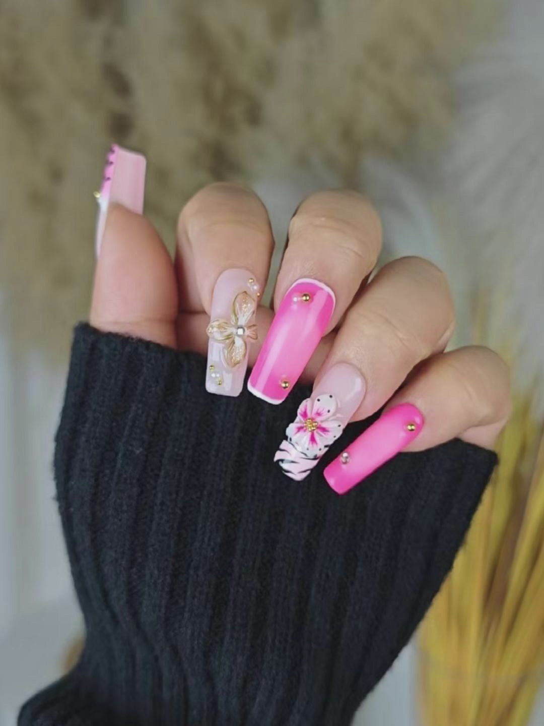 Pink & White 3D Flower Tiger Print Press-On Nails – Long Square with Rhinestones
