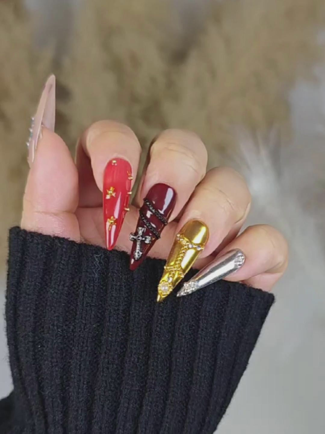Multi-Element Gothic Luxury Stiletto Press-On Nails with Metallic & Rhinestone Accents