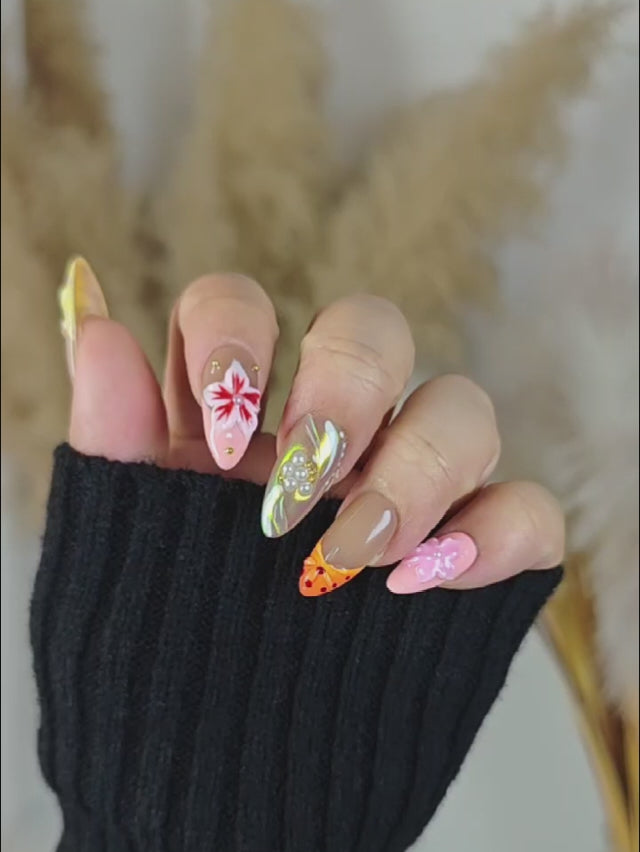 Textured Shell Art Nude Almond Nails – Press On Nails with Summer Island Mood