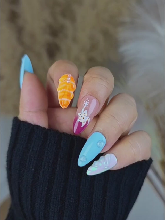 Vibrant Beach Nails with Shell & Starfish Elements – Almond Shape Press On Nails