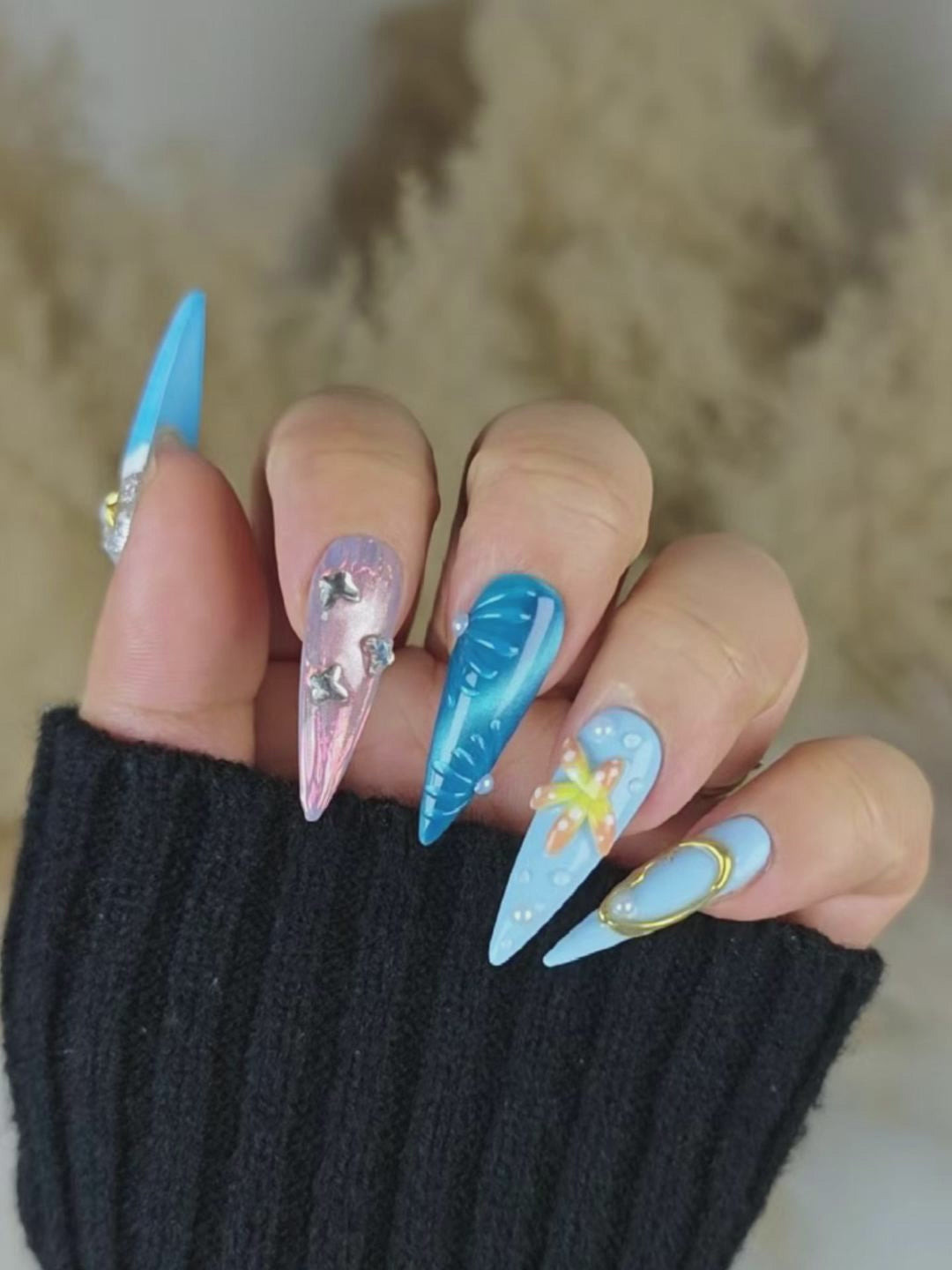Ocean Dream Fantasy Press-On Nails – Blue Gradient Stiletto Design