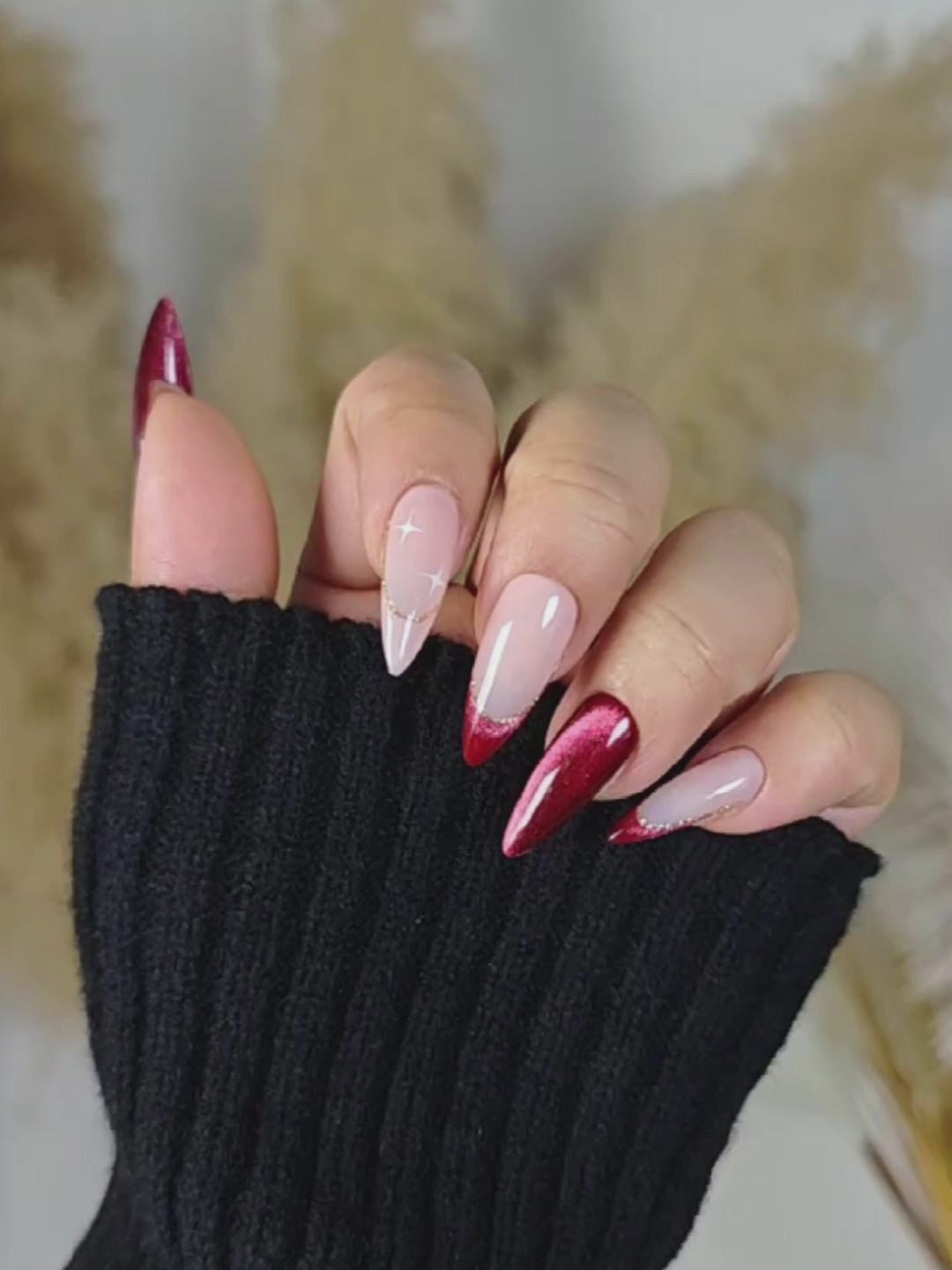 Burgundy & Nude Stiletto Press-On Nails with Gold Lines & Star Accents