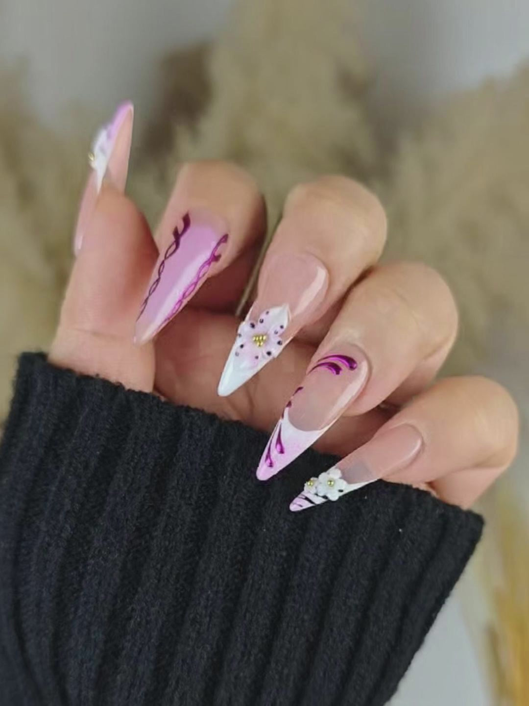 Boho Sweet 3D Floral Press-On Nails with Nude Pink Base