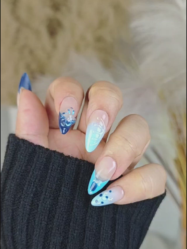 Dual-Tone Blue Almond Press Ons with French Tips, 3D Floral Details & Polka Dot Accents