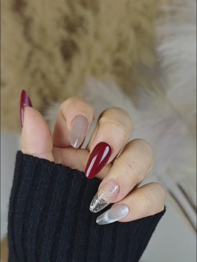 Everyday Almond Press Ons with Dark Red & White Cat Eye, Crystal Clear Glitter Classy and Clean Look