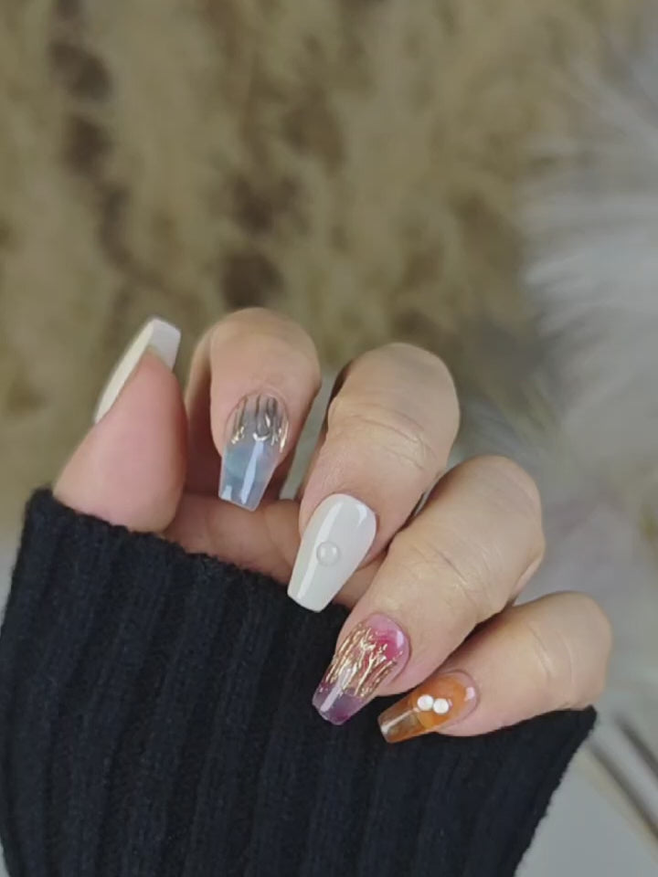 Beige Floral Fake Nails Tapered Press Ons with Pearl Accents