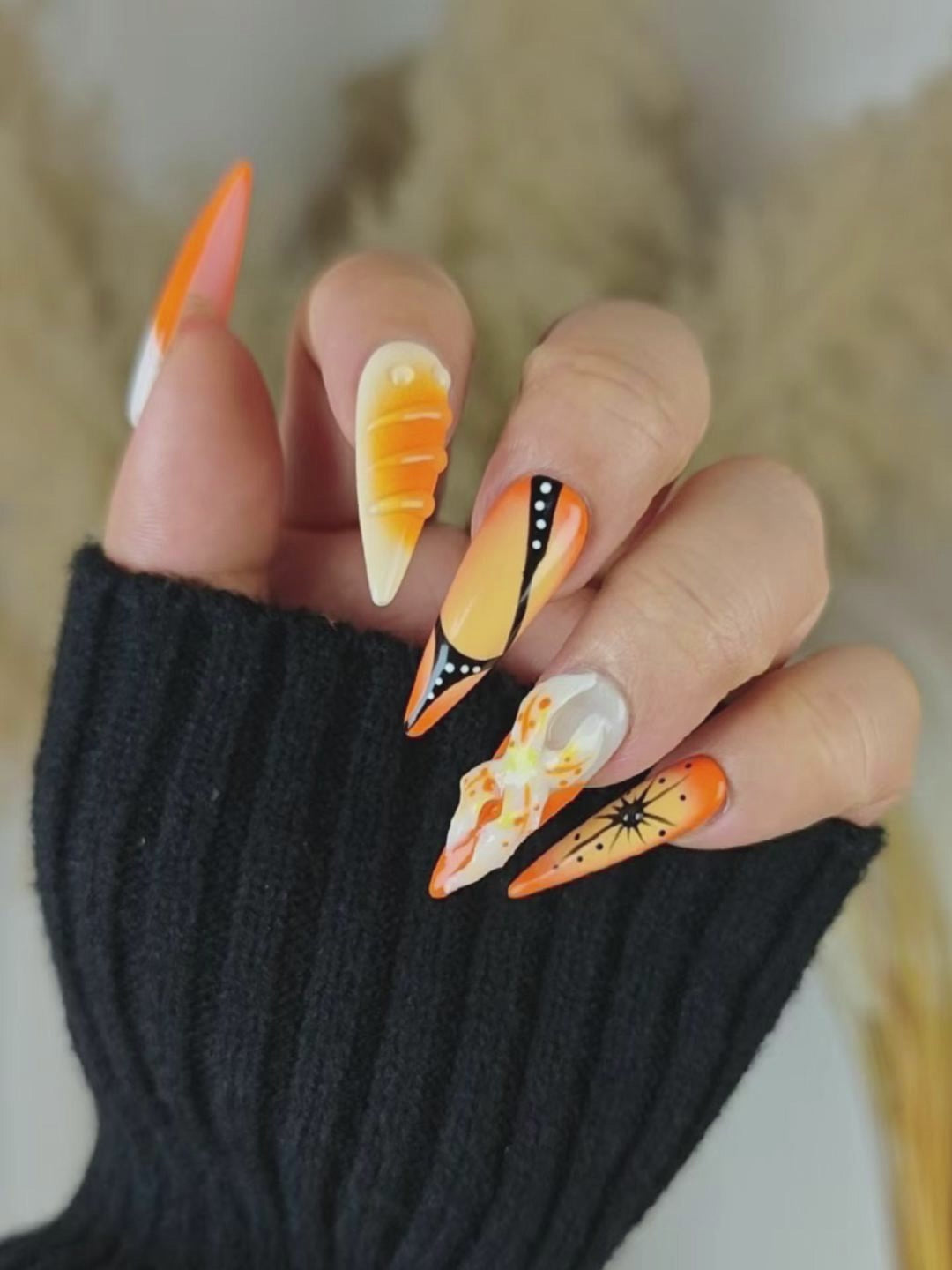 Vintage Halloween Stiletto Press-On Nails with 3D Sculpted Florals