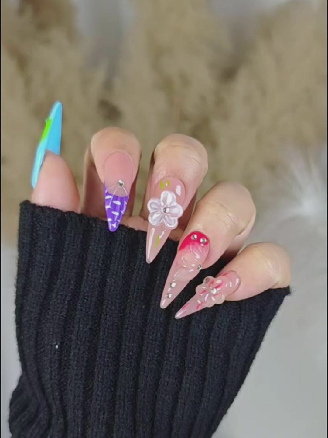 Color-Block Stiletto Press-On Nails with 3D Flowers & Rhinestone Accents