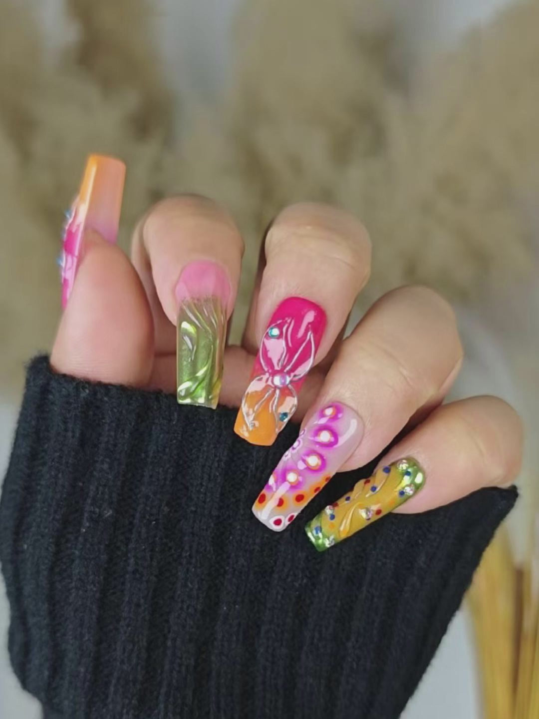 Multicolor 3D Flower Press-On Nails – Artistic Long Square with Rhinestones