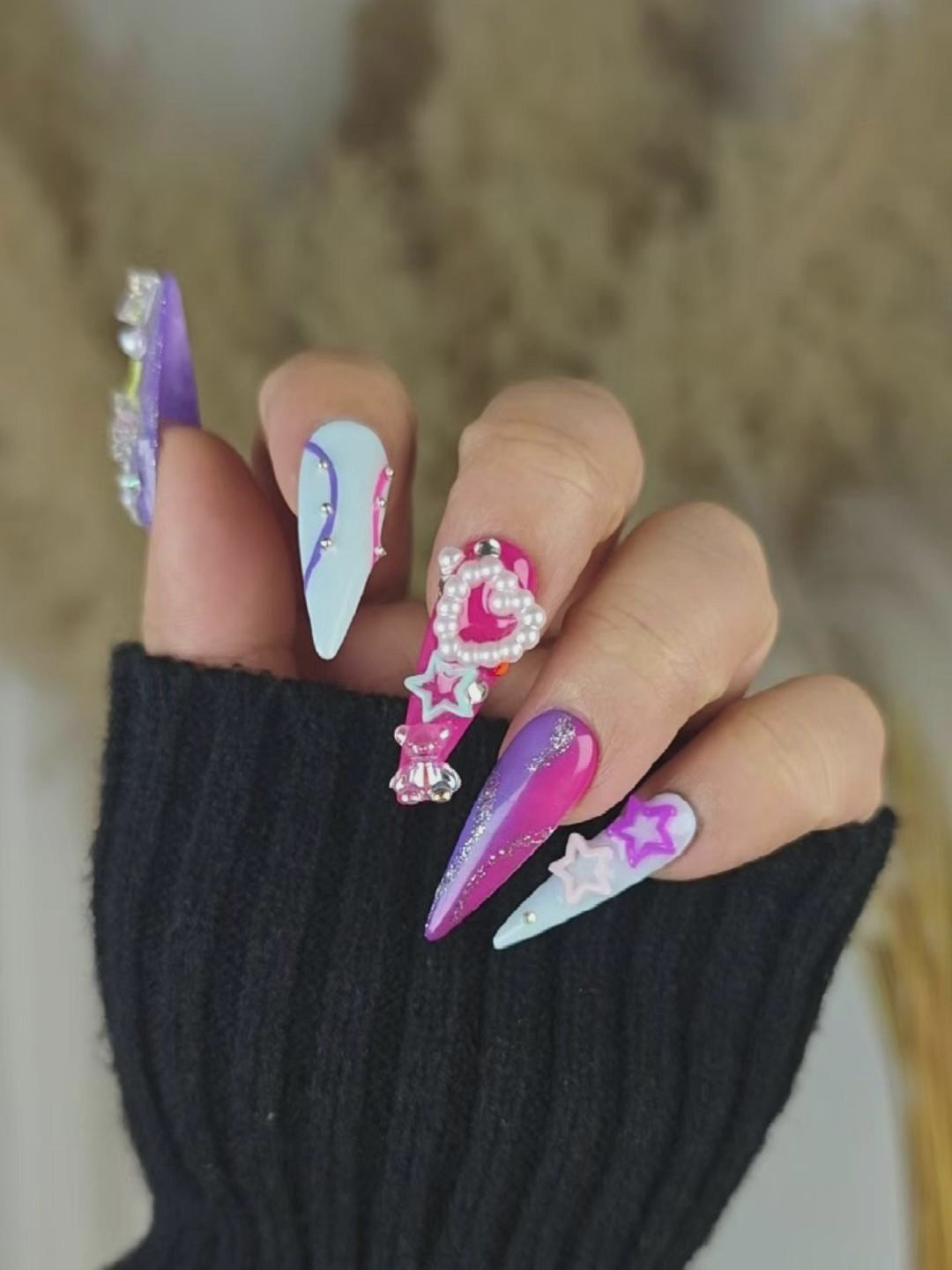Dreamy Star & Heart Crystal Press-On Nails – Pink Purple & Silver Sparkle