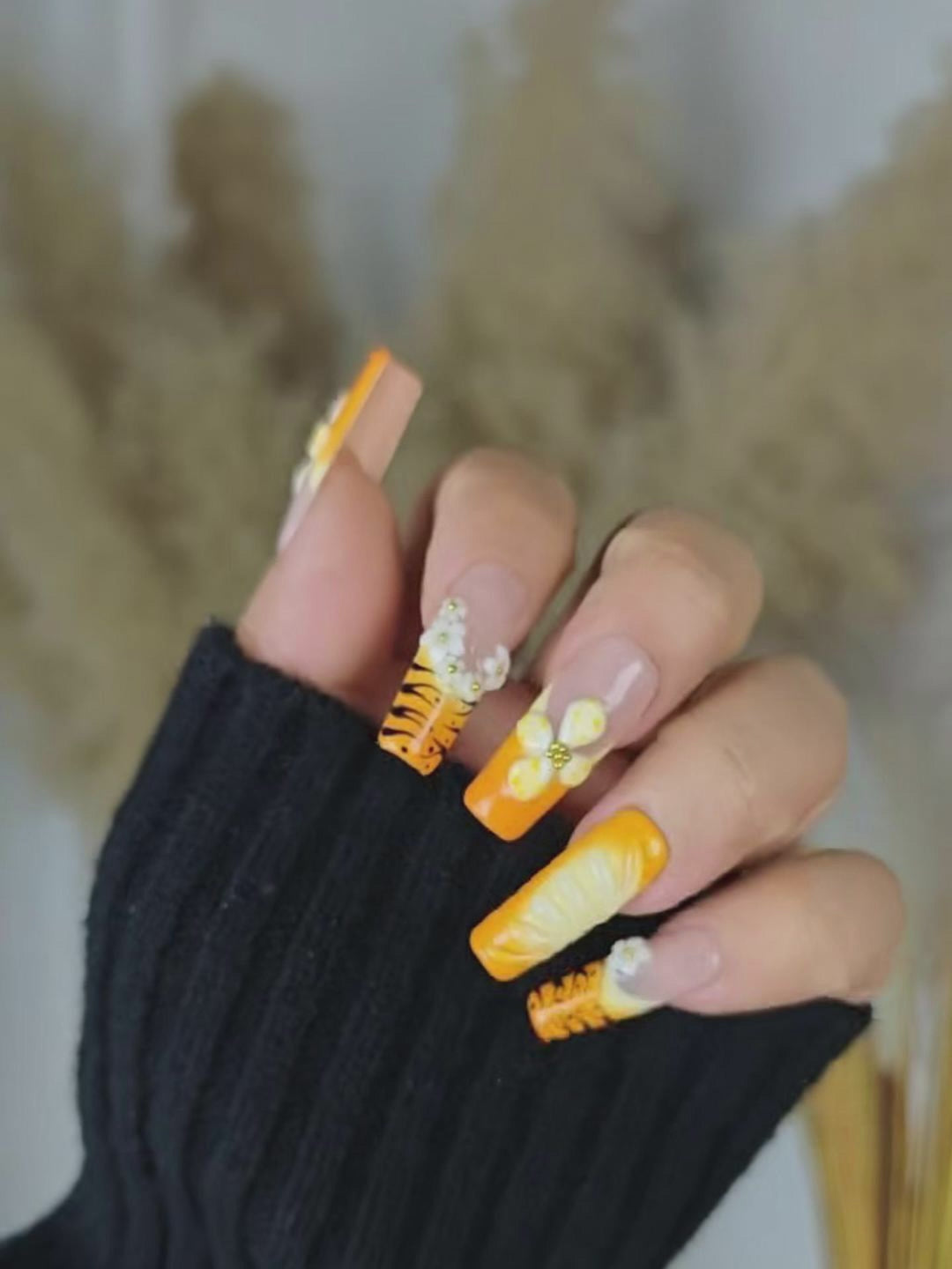 Orange & Brown 3D Flower Press-On Nails – Tiger Print Long Square with Gold Accents