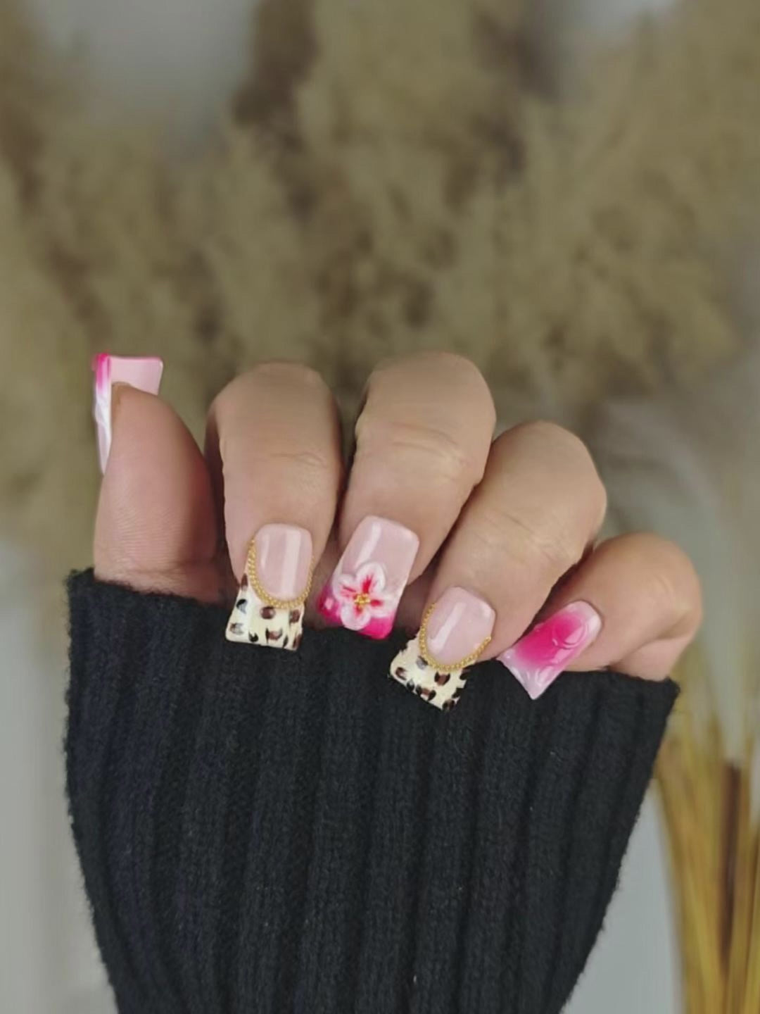 Pink Rose Leopard 3D Floral Nails with Gold Chain – Ubeety Sweet Cool Collection