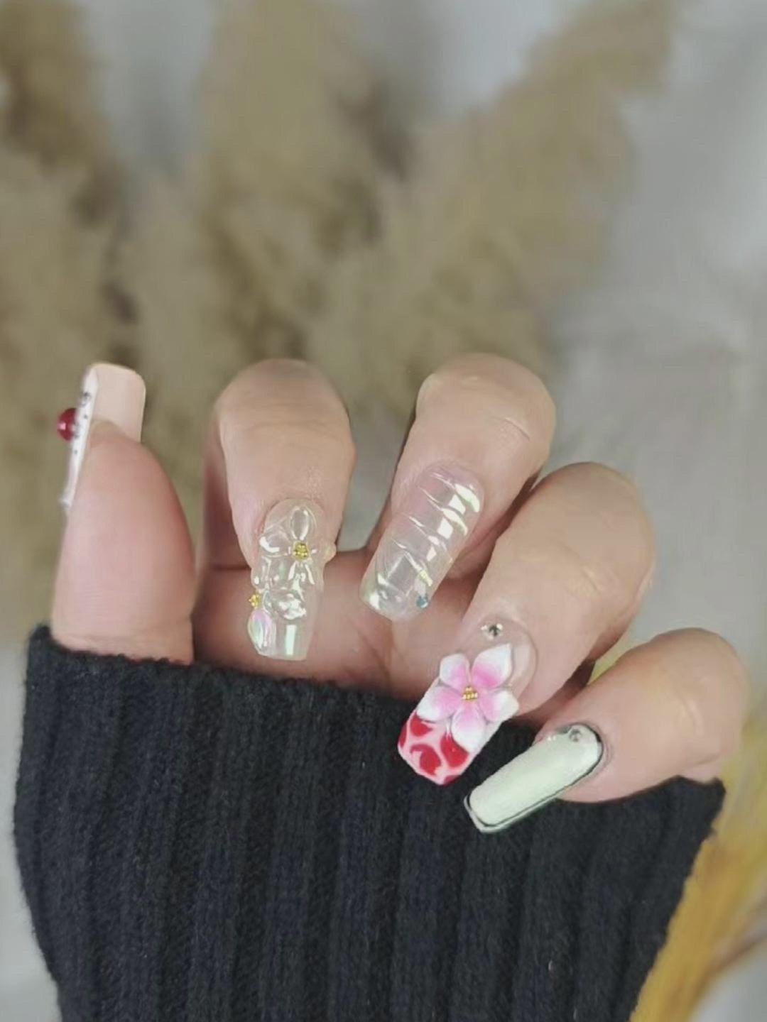 Color Block Cherry 3D Floral Press-On Nails – Sweet Cool Long Square
