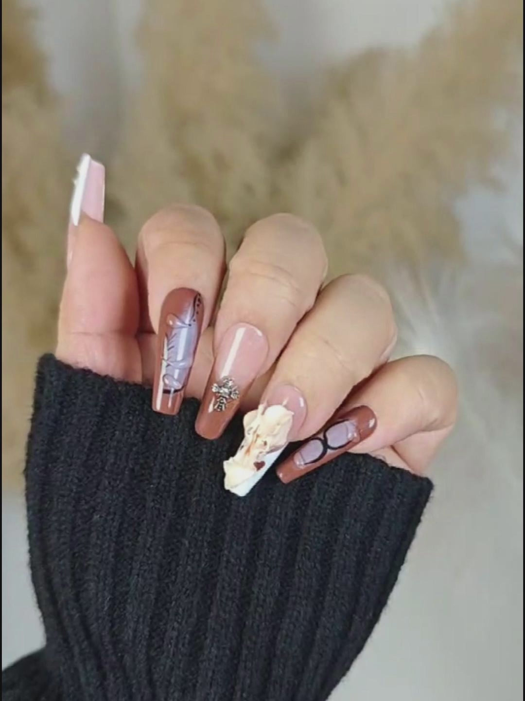 Brown Purple Contrast Press-On Nails – Extra Long Luxury 3D Floral & Metal Cross