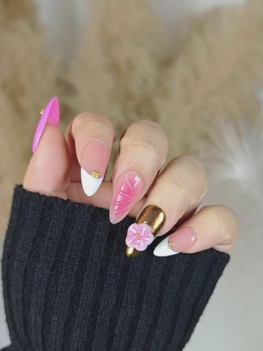 Pink & Brown 3D Floral Almond Press-On Nails – Gold Accents