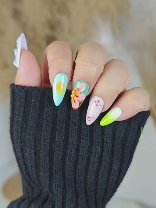 Creative Almond Press On Nails with Color Mix, 3D Florals, and Painted Details