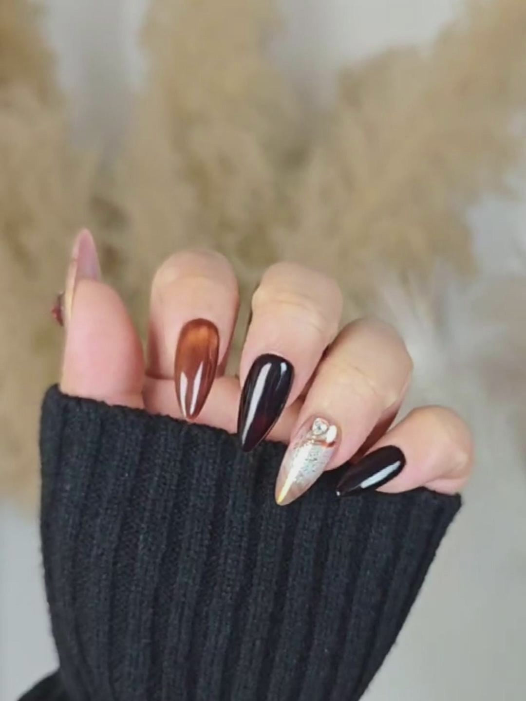 Brown & Black Almond Press-On Nails – Iridescent Rhinestones