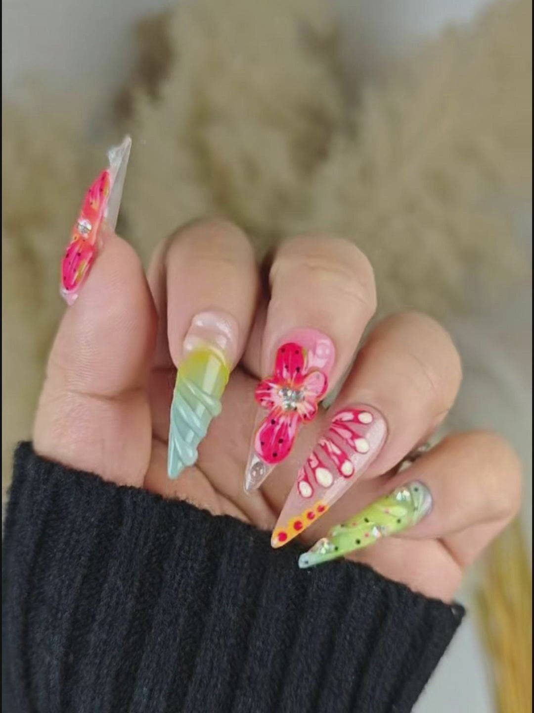 Boho Floral 3D Stiletto Press-On Nails in Pink & Green