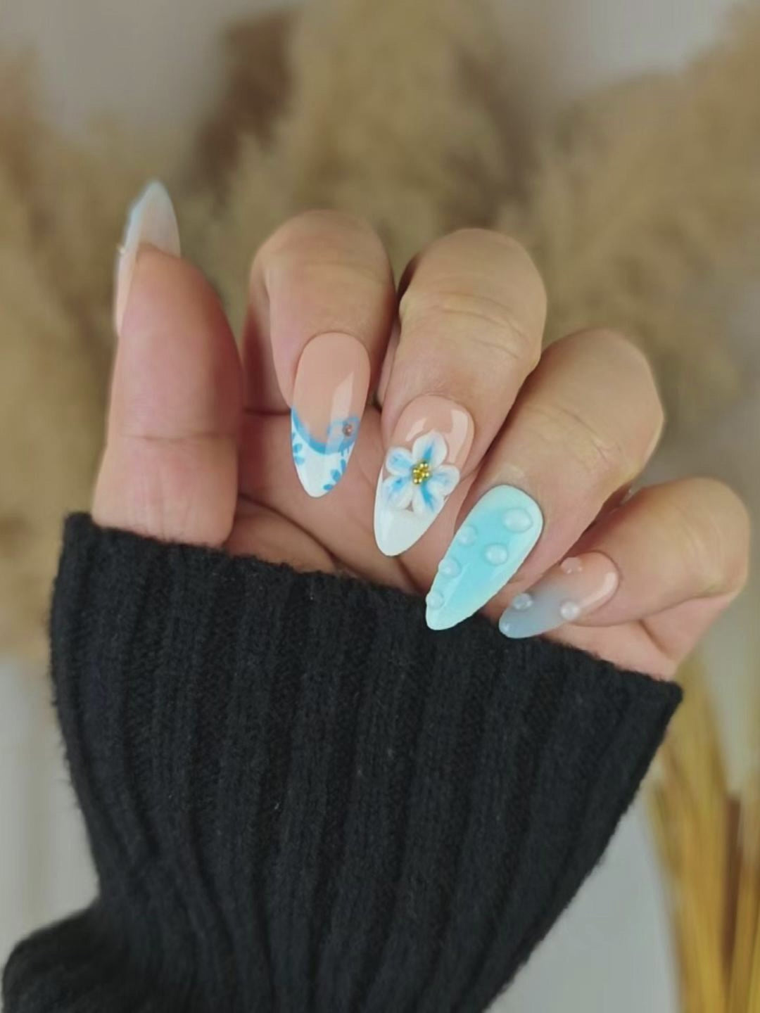 Nude Blue 3D Floral Press-On Nails – Elegant Hand-Painted Design