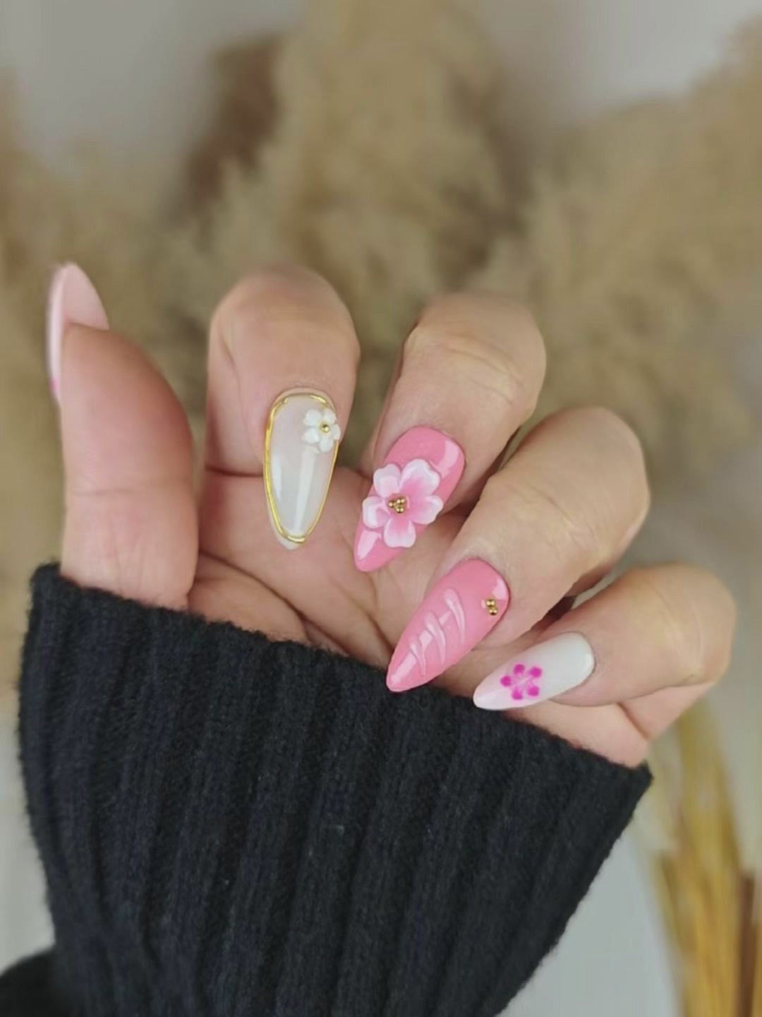 Pink Green Embossed Floral Press-On Nails – Elegant Spring Almond Tips