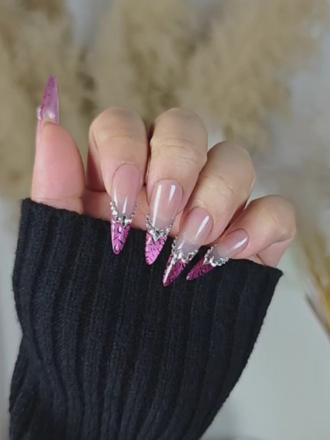 Blush Pink & Plum 3D Stiletto Press-On Nails with Rhinestone Accents