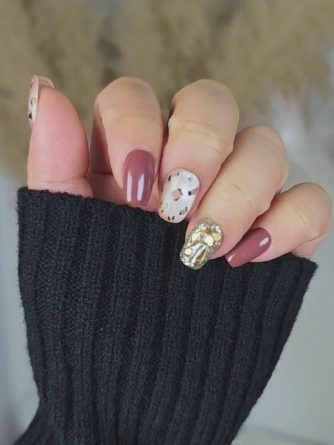 Brown Red Leopard Luxury Press-On Nails with Gold Rhinestone Accents