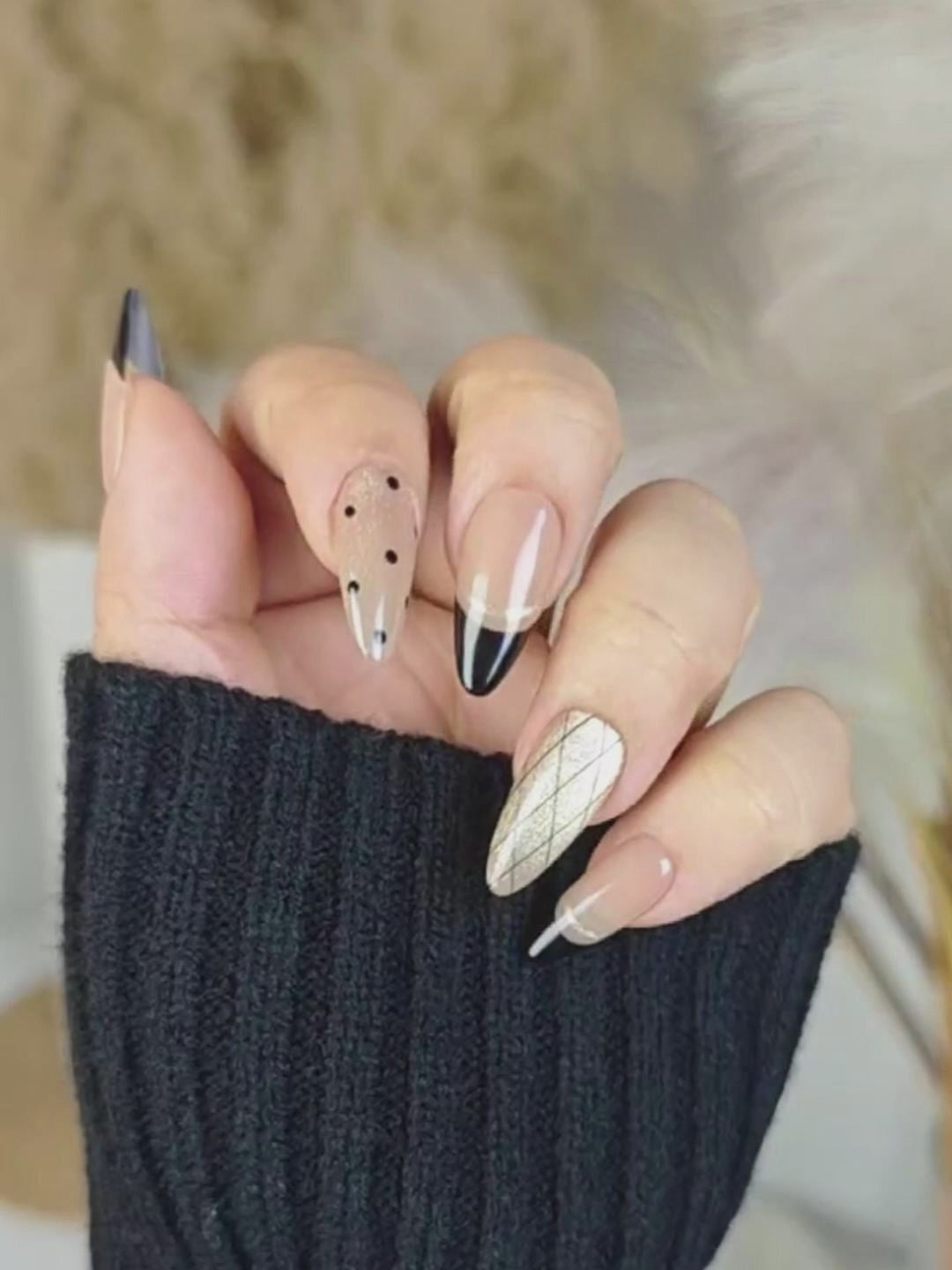 Nude Brown Black Gold Plaid Glitter Press-On Nails – Almond Shape, Luxury Style