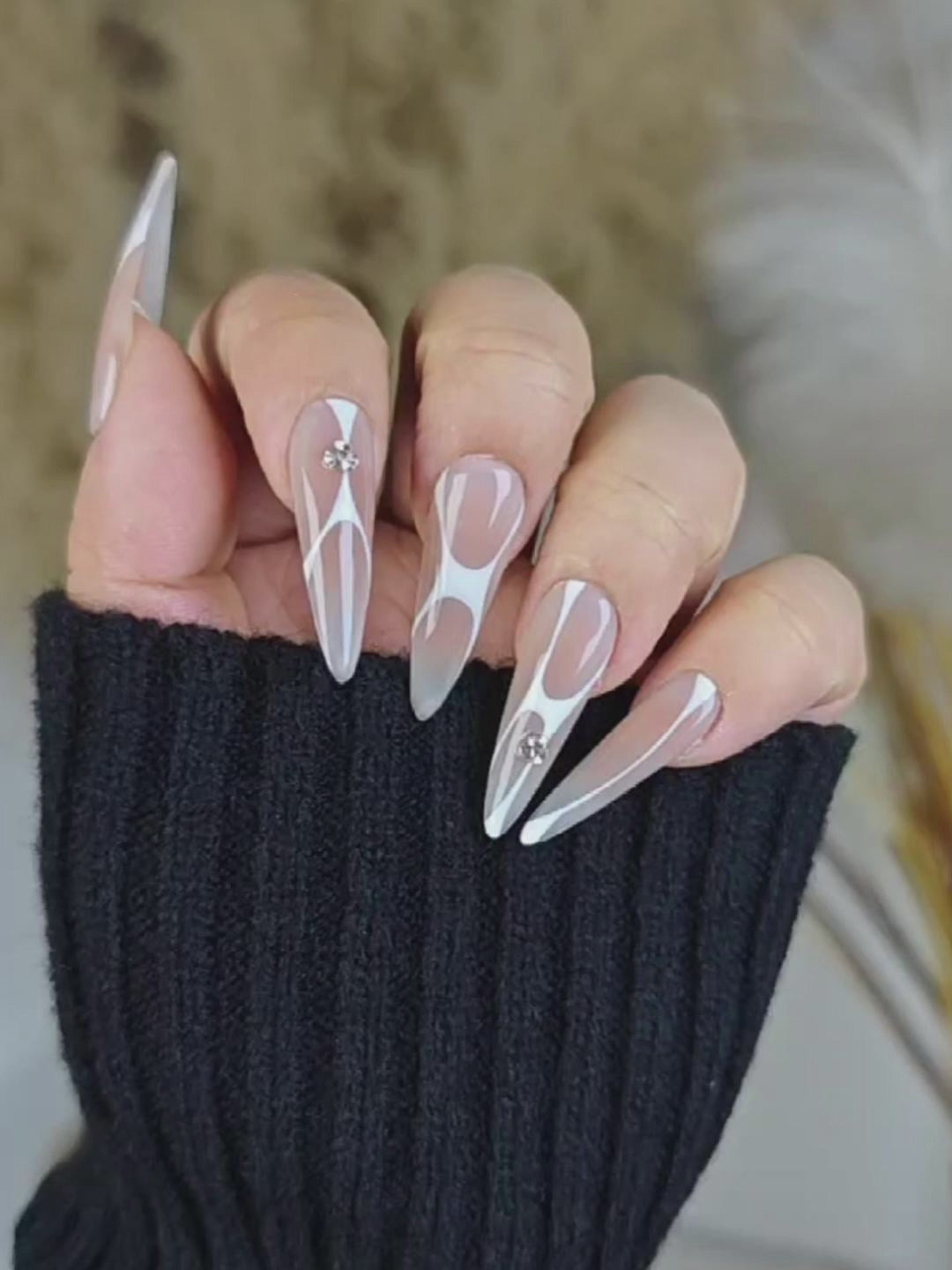Nude & White Geometric Stiletto Press-On Nails with Rhinestone Accents